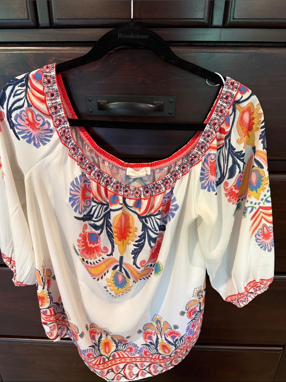 Jealous Tomato White Boho Peasant Top with Red, Blue & Yellow Print
